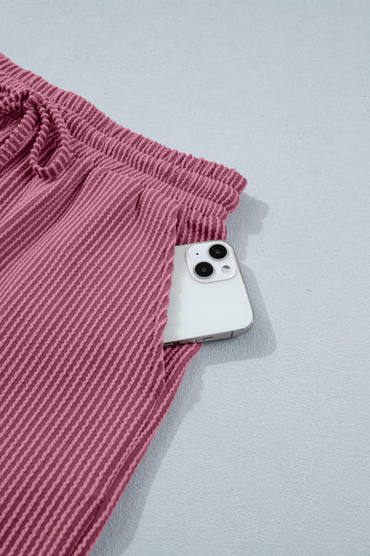 Pitaya Pink Twisted Ribbed Loose Tee Drawstring Elastic Waist 2pcs Short Set