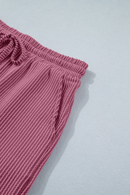 Pitaya Pink Twisted Ribbed Loose Tee Drawstring Elastic Waist 2pcs Short Set