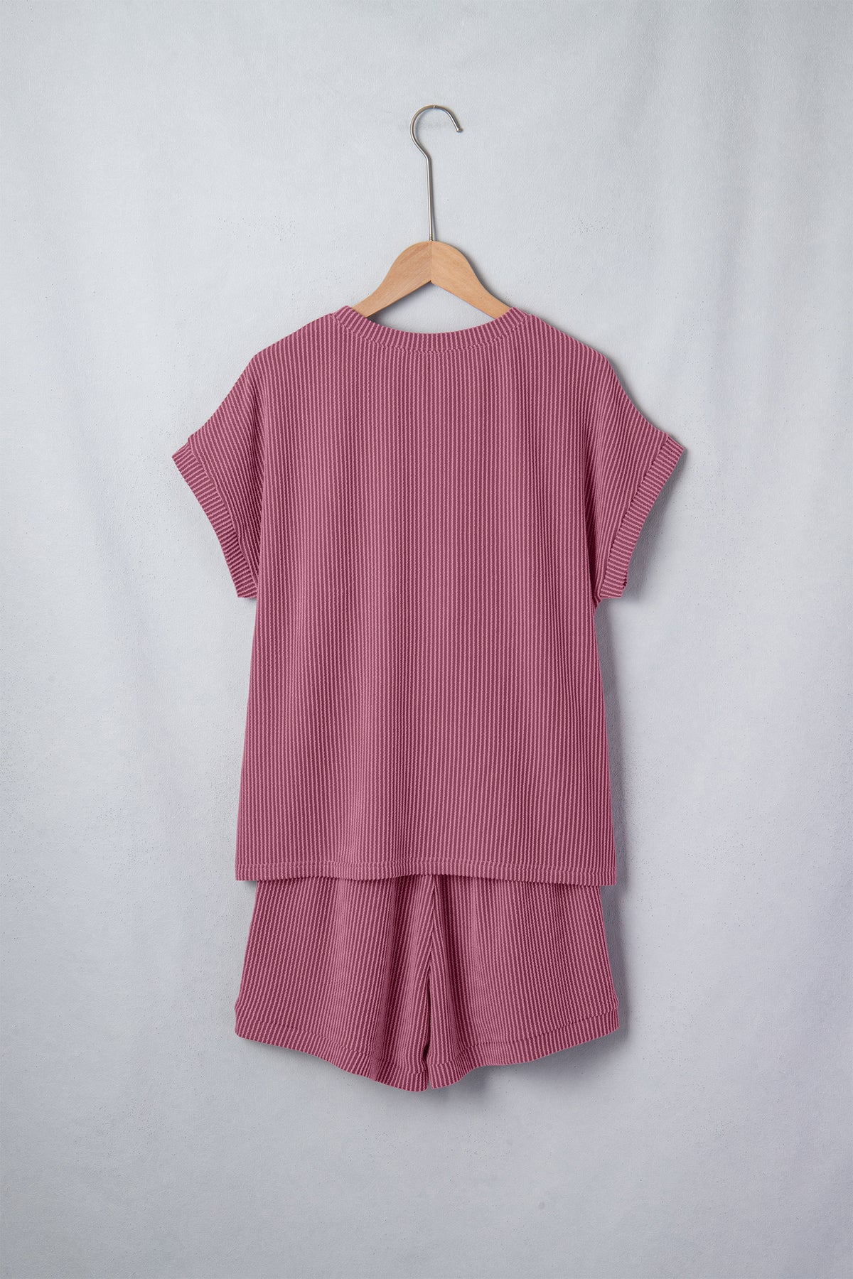 Pitaya Pink Twisted Ribbed Loose Tee Drawstring Elastic Waist 2pcs Short Set