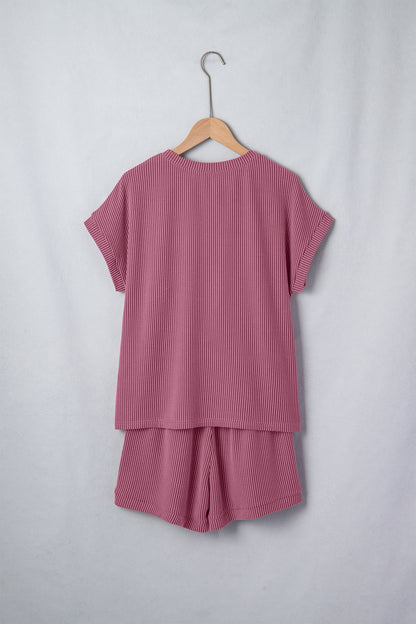 Pitaya Pink Twisted Ribbed Loose Tee Drawstring Elastic Waist 2pcs Short Set