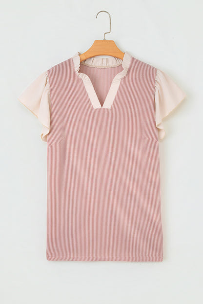 Rose Pink Plus Size Contrast Frilled Neckline Ruffled Short Sleeve Ribbed Textured Blouse