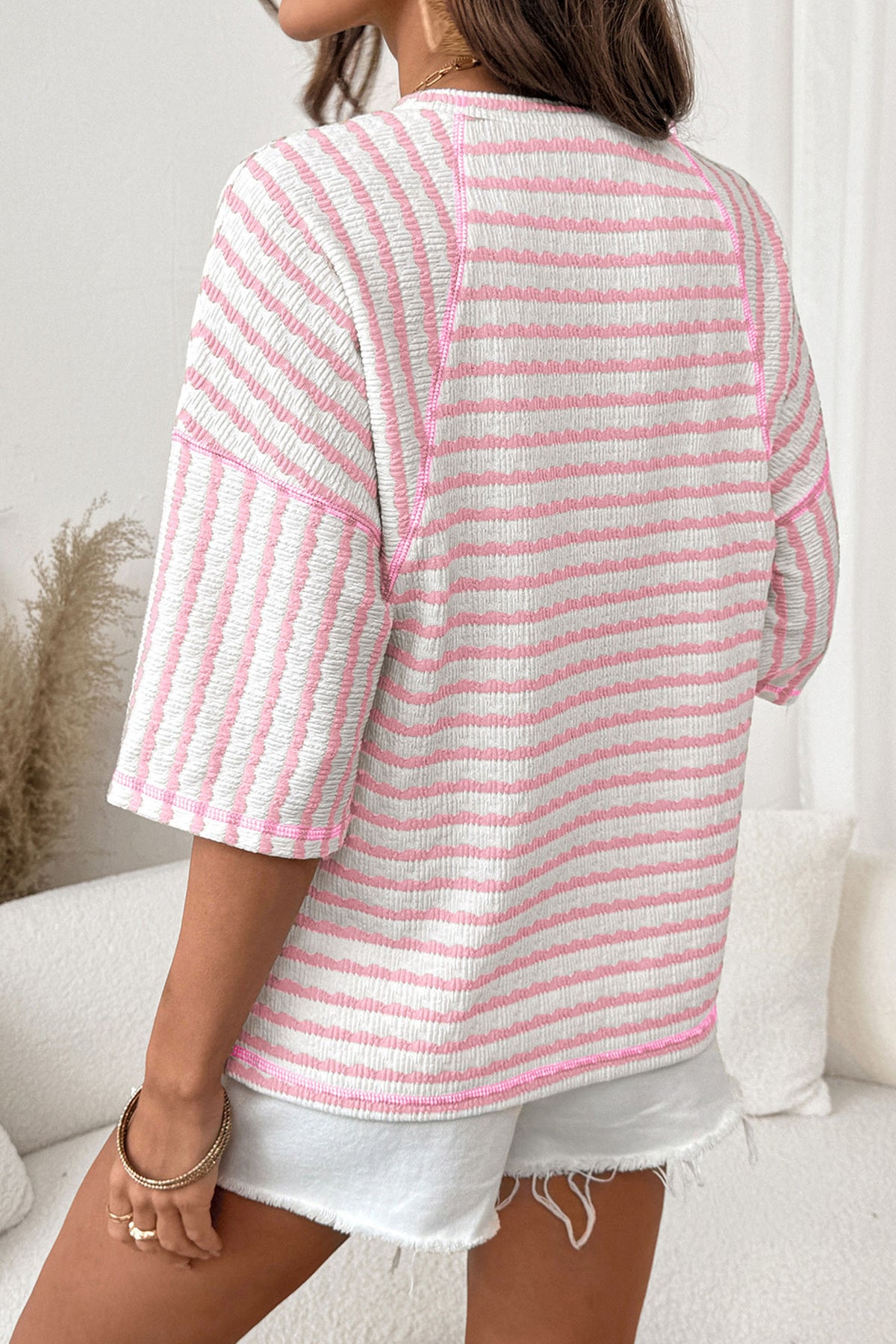 Brown Stripe Textured Knit Split Hem Half Sleeve Loose Top