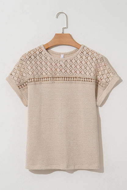 Mist Green Lace Patchwork Waffle Short Sleeve Top