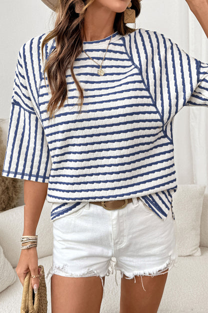 Brown Stripe Textured Knit Split Hem Half Sleeve Loose Top