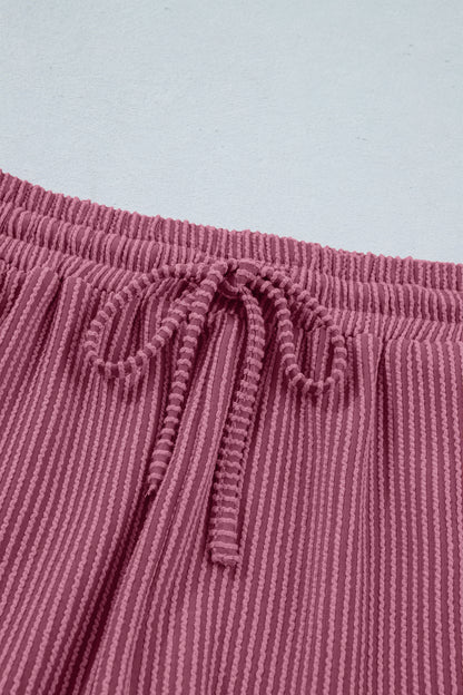 Pitaya Pink Twisted Ribbed Loose Tee Drawstring Elastic Waist 2pcs Short Set