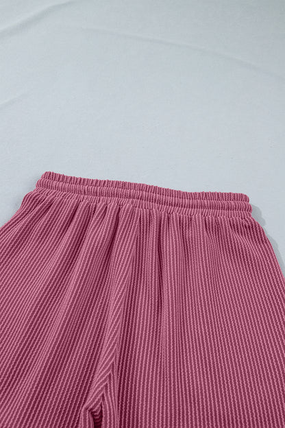 Pitaya Pink Twisted Ribbed Loose Tee Drawstring Elastic Waist 2pcs Short Set