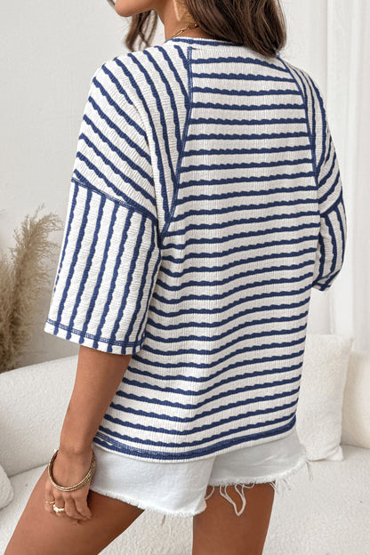 Brown Stripe Textured Knit Split Hem Half Sleeve Loose Top