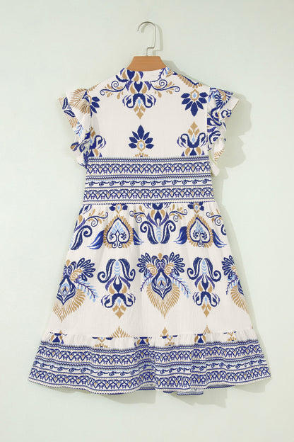 Blue Boho Floral Printed Split Neck Ruffled Sleeve Mini Dress