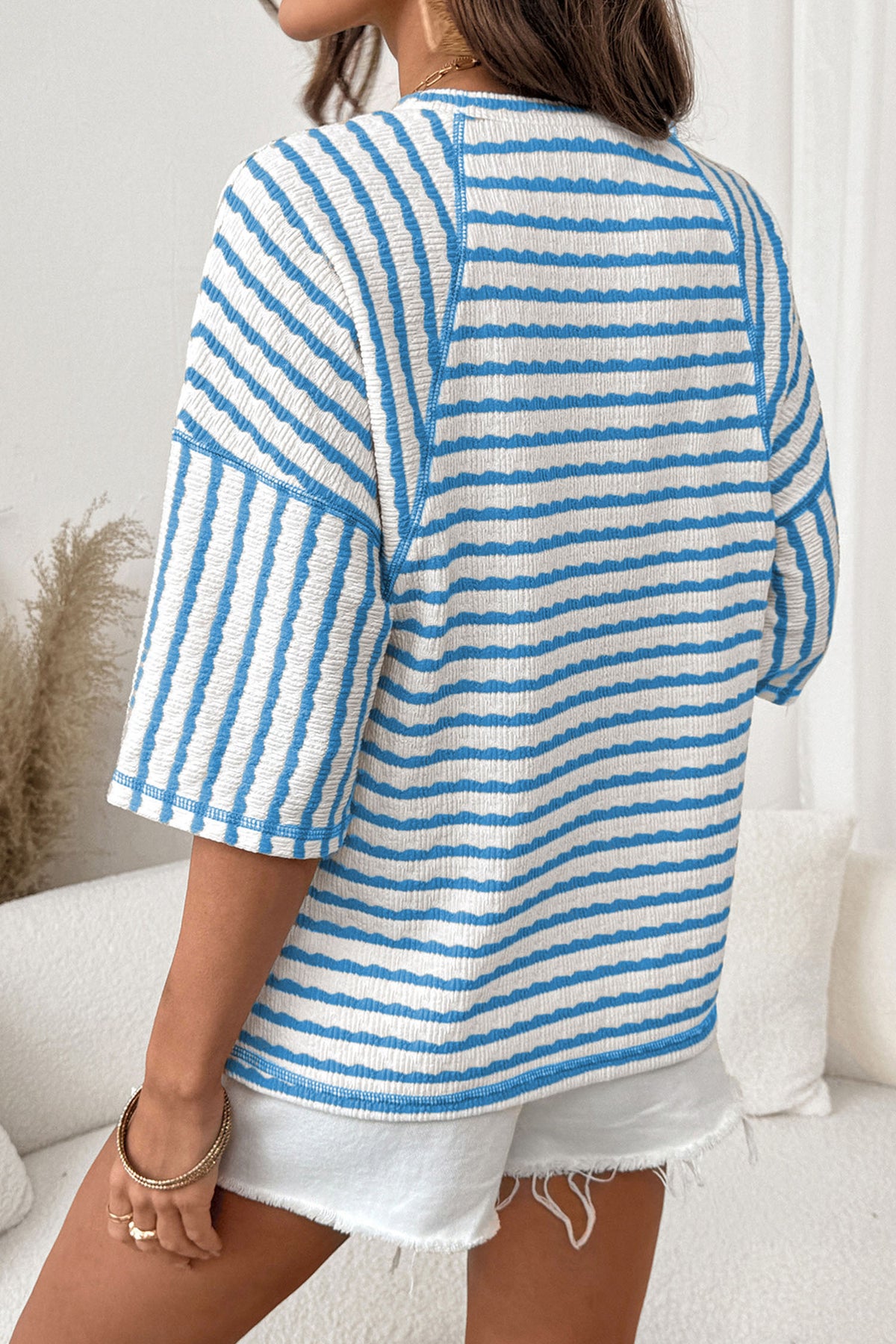 Brown Stripe Textured Knit Split Hem Half Sleeve Loose Top