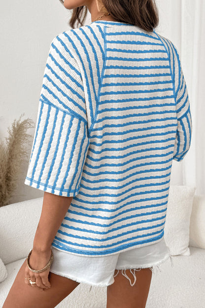 Brown Stripe Textured Knit Split Hem Half Sleeve Loose Top