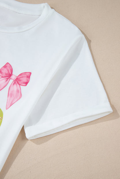 White Bow Tie Baseball Print Round Neck Casual Tee
