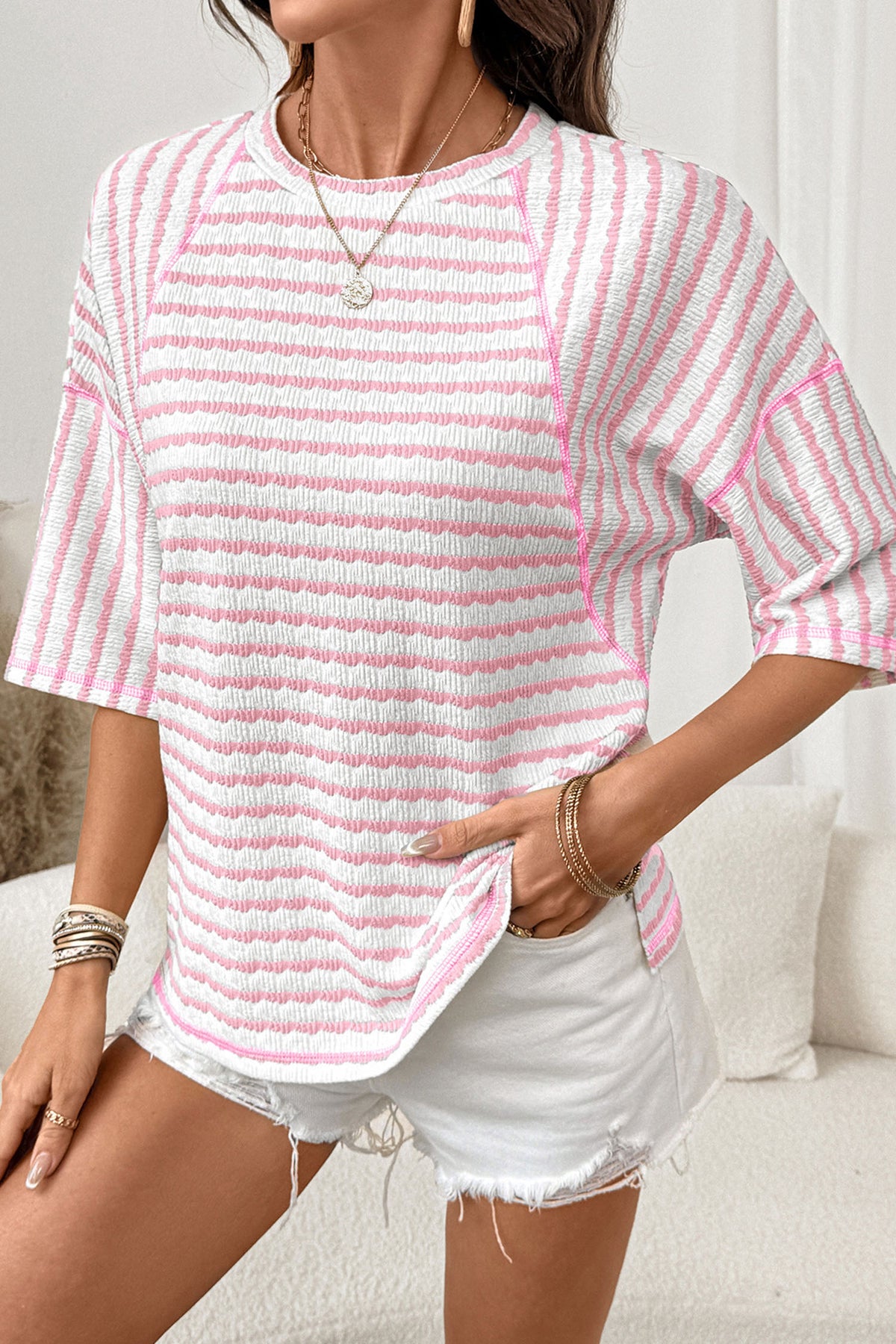 Brown Stripe Textured Knit Split Hem Half Sleeve Loose Top