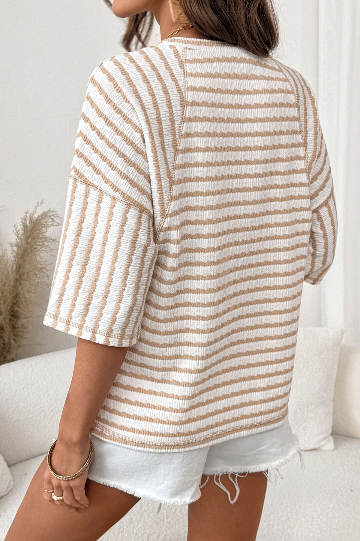 Brown Stripe Textured Knit Split Hem Half Sleeve Loose Top