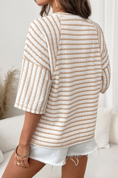 Brown Stripe Textured Knit Split Hem Half Sleeve Loose Top