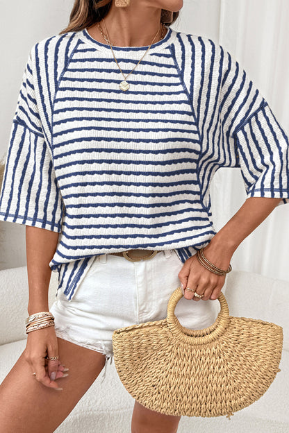 Brown Stripe Textured Knit Split Hem Half Sleeve Loose Top