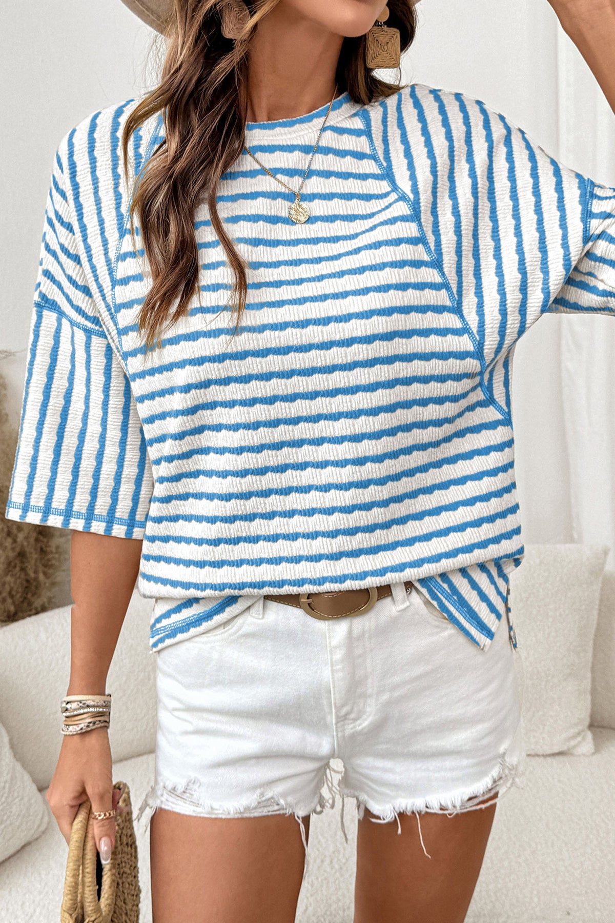 Brown Stripe Textured Knit Split Hem Half Sleeve Loose Top
